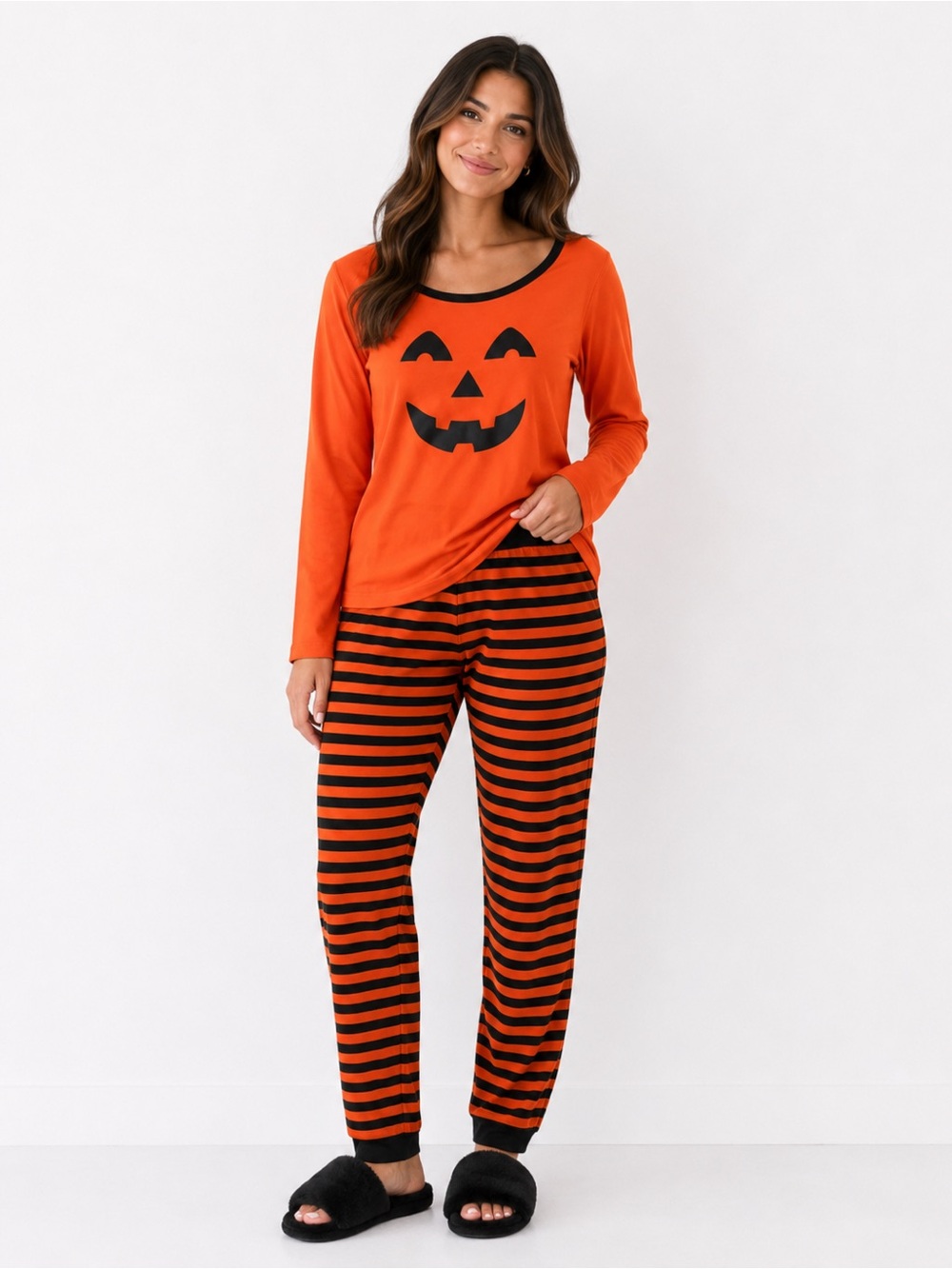 Macy’s Halloween Jack O’ Lantern Pajama Set Orange Black Striped Size S